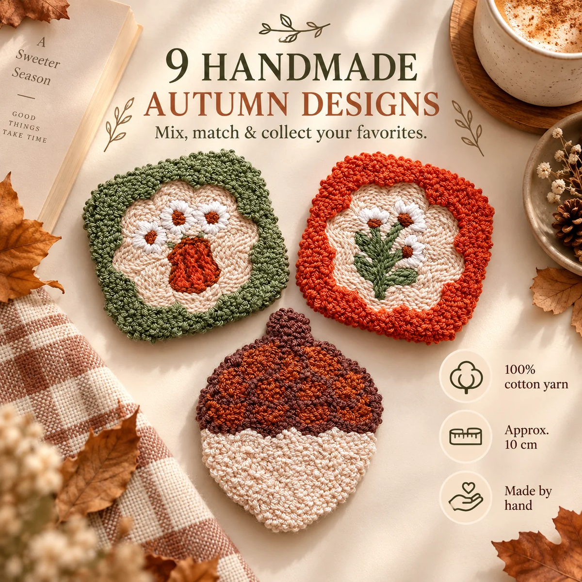 🍂 Handmade Autumn Punch Needle Coasters – Cozy Fall Coffee Mug Mat & Seasonal Home Decor