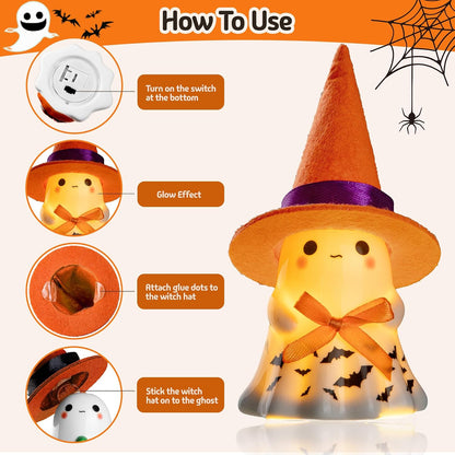 👻🌟3Pcs Light-up Ceramic Ghost Halloween Decor | Cute Ghost Figurines with Colorful Witch Hats