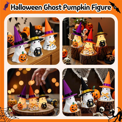 👻🌟3Pcs Light-up Ceramic Ghost Halloween Decor | Cute Ghost Figurines with Colorful Witch Hats