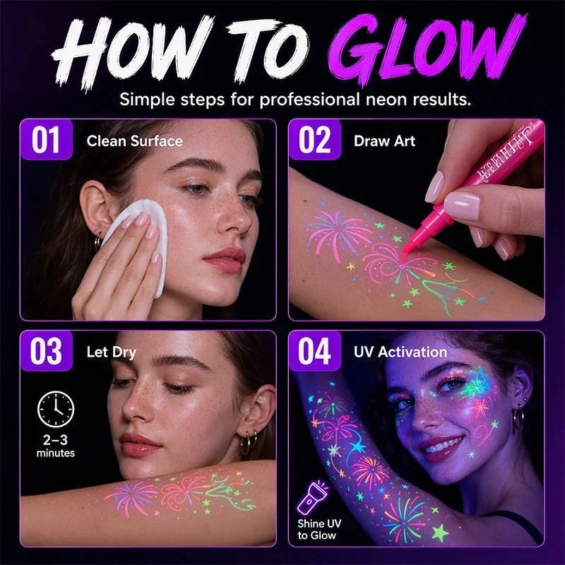 ✨ Glow Party Tattoo Pens – Neon Temporary Tattoo Markers for Parties, Festivals & Night Events 🎨🌈