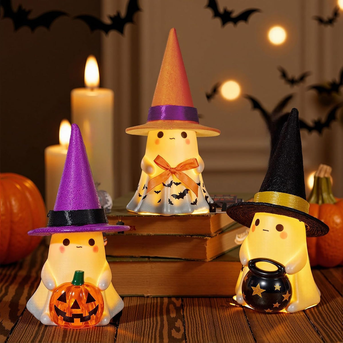 👻🌟3Pcs Light-up Ceramic Ghost Halloween Decor | Cute Ghost Figurines with Colorful Witch Hats