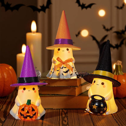 👻🌟3Pcs Light-up Ceramic Ghost Halloween Decor | Cute Ghost Figurines with Colorful Witch Hats