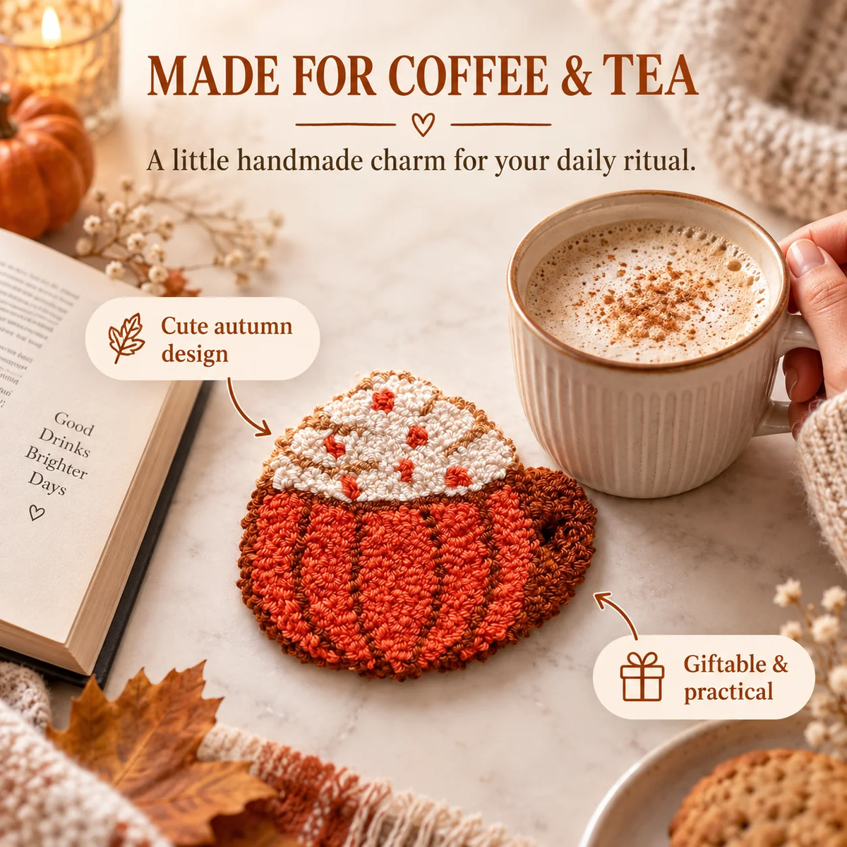 🍂 Handmade Autumn Punch Needle Coasters – Cozy Fall Coffee Mug Mat & Seasonal Home Decor