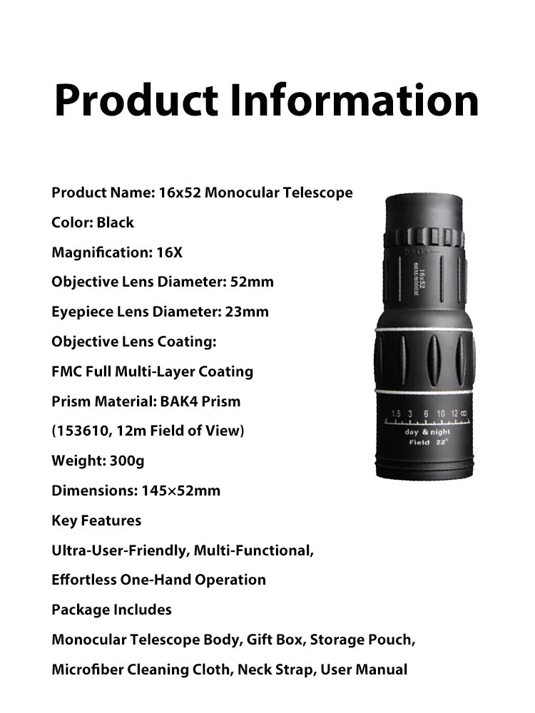 ⭐ 16x52 High Definition Monocular Telescope with Smartphone Adapter ⭐ Waterproof FMC Multi Layer Lens⭐ Portable Long Range Observation Tool ⭐
