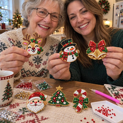 🎄Beginner-Friendly Christmas Diamond Painting Brooch DIY Kit | 6 Festive Designs with Sparkling Gems & Pin Backs 💎