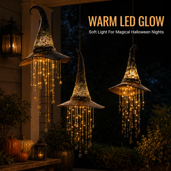 🧙‍♀️ Lighted Witch Hat Hanging Chime ✨ Battery-Powered Halloween Décor