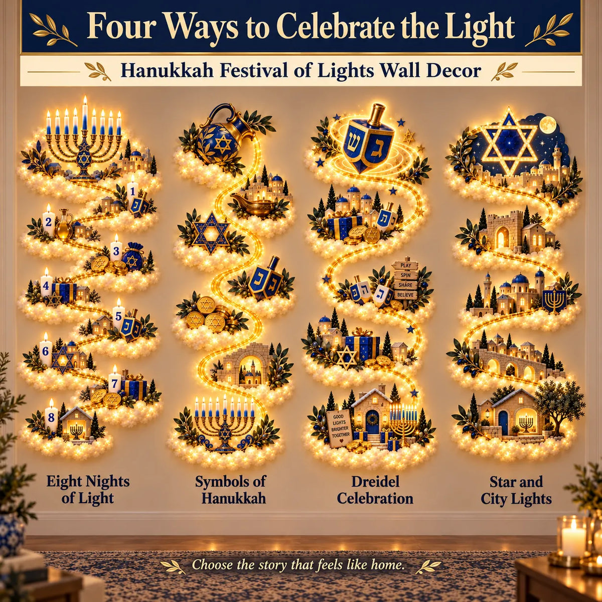 🕎 Hanukkah Festival of Lights Wall Decor Collection – 4 Glowing Designs Celebrating Eight Nights of Light ✨