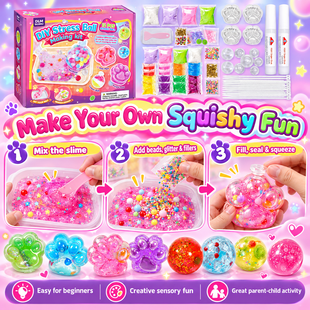 ✨ DIY Stress Ball Making Kit – 12 Make-Your-Own Squishy Balls & Paw Sensory Toys