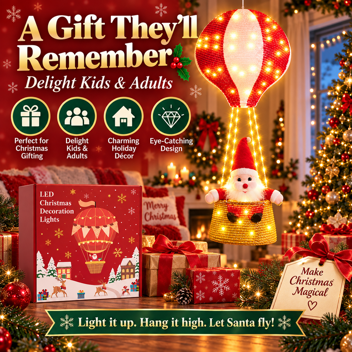 🎅  Santa Hot Air Balloon Christmas Lights – 125 LED Hanging Holiday Decoration ✨