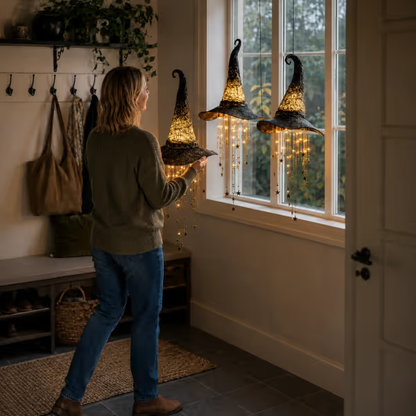 🧙‍♀️ Lighted Witch Hat Hanging Chime ✨ Battery-Powered Halloween Décor