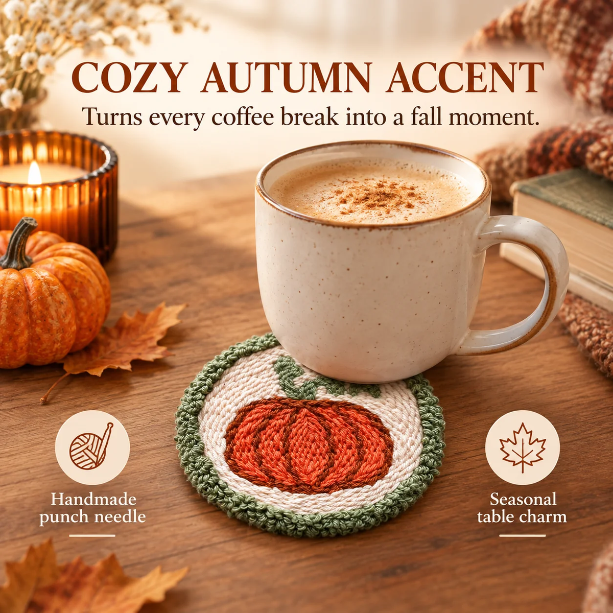 🍂 Handmade Autumn Punch Needle Coasters – Cozy Fall Coffee Mug Mat & Seasonal Home Decor