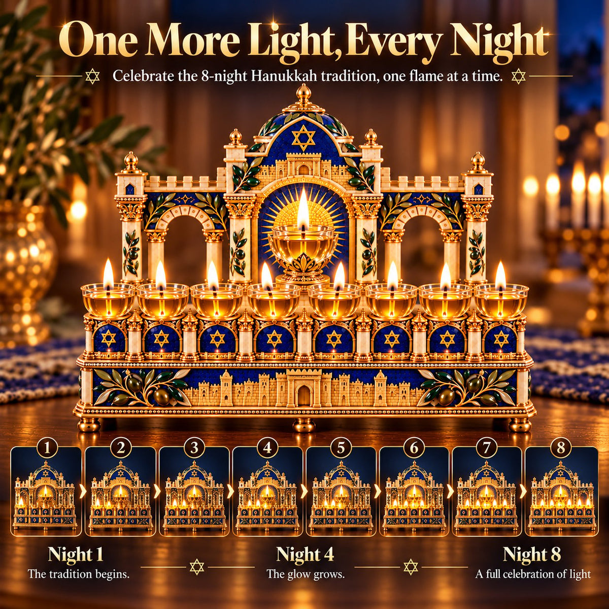 🕎 8-Night Hanukkah Oil Lamp Centerpiece – Traditional Menorah-Inspired Holiday Decor