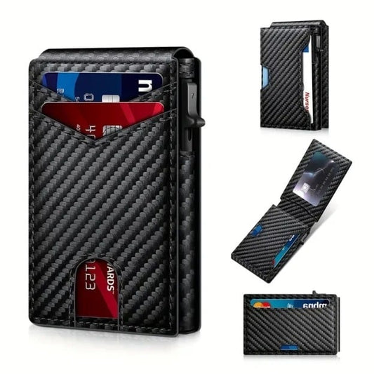 🔥Minimalist Pop-Up Wallet for Men – RFID Blocking Aluminum Card Holder , ID Window & Leather Front Pocket