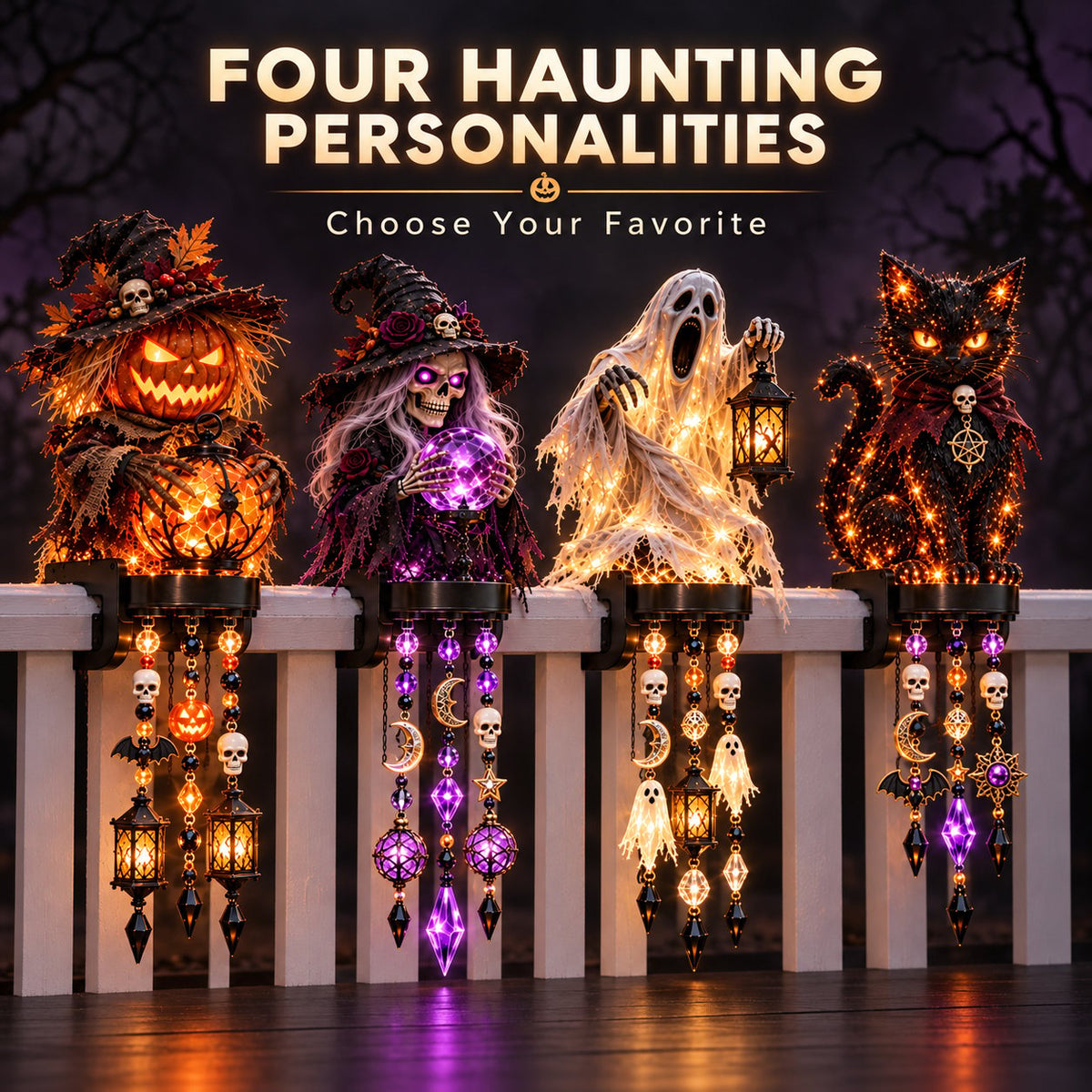 📍🎃 Halloween Character Glow Cascade Railing Lights – Pumpkin, Witch, Ghost & Black Cat