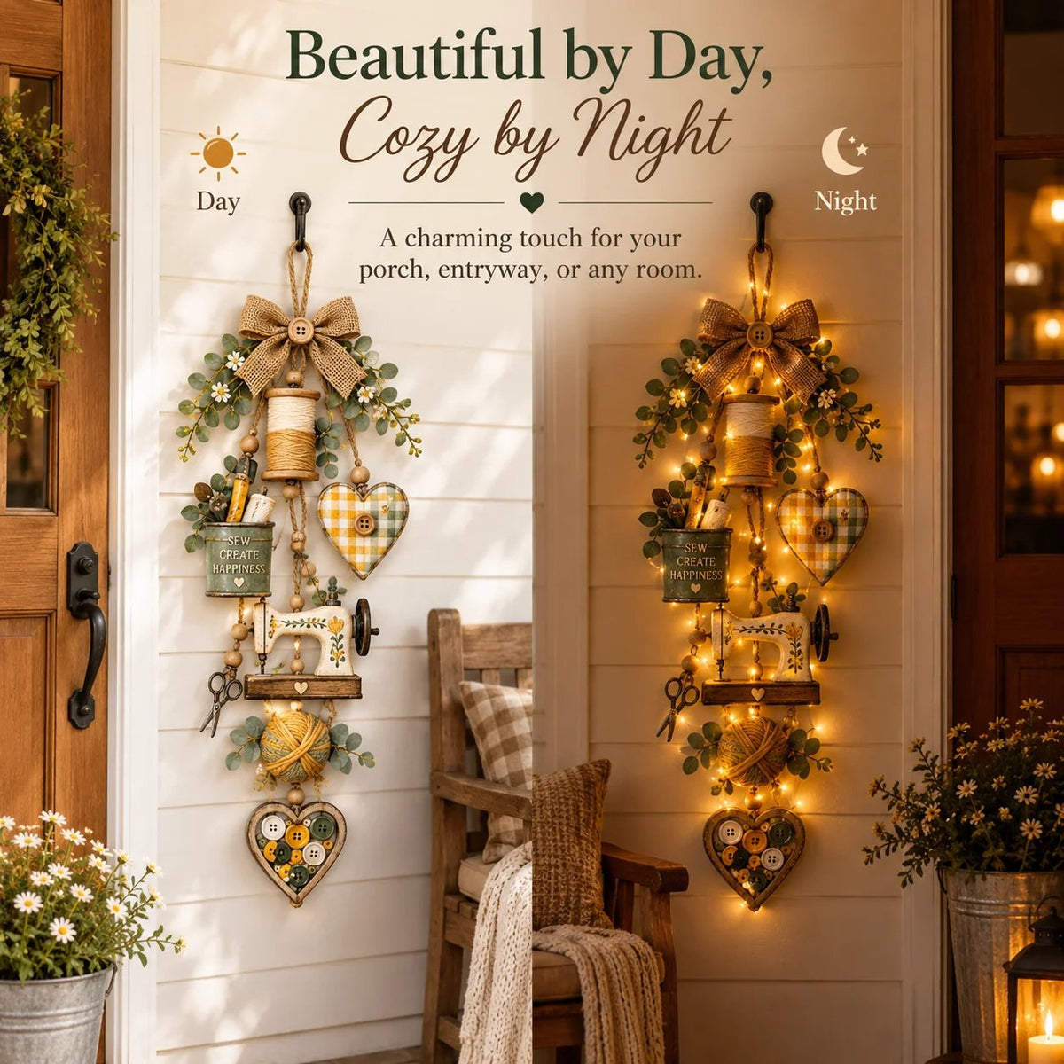 🔥🧵✨ Rustic Wooden Sewing - Themed Hanging Ornament with Remote Control Fairy Lights