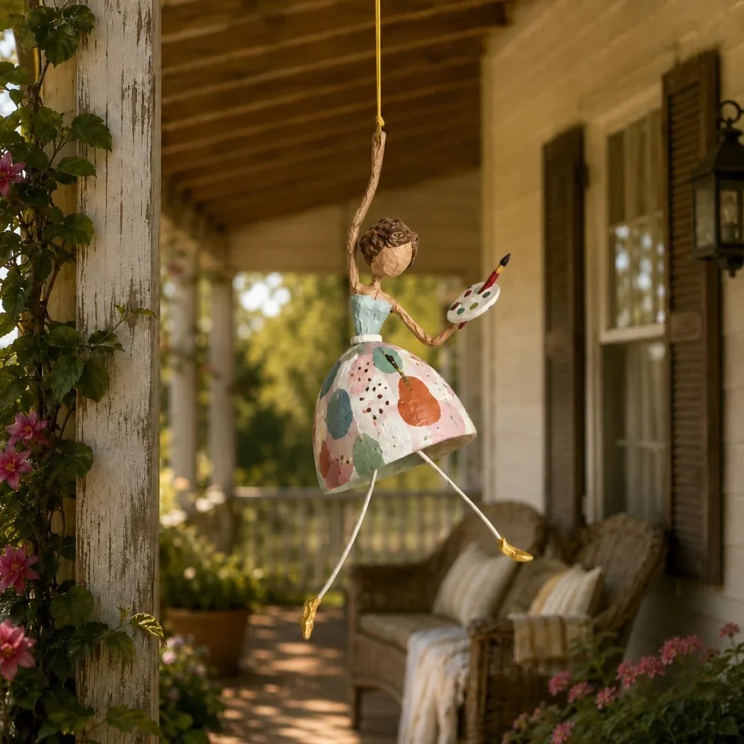 🌸 Hand-Painted Dancing Lady Hanging Ornament — Whimsical Folk Art That Danced Off the Page | Handcrafted Floral Bell-Skirt, Wire Legs & Little Songbird Charm | Charming Decor for Porch, Sunroom, Nursery & Reading Nook