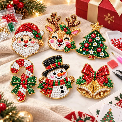 🎄Beginner-Friendly Christmas Diamond Painting Brooch DIY Kit | 6 Festive Designs with Sparkling Gems & Pin Backs 💎