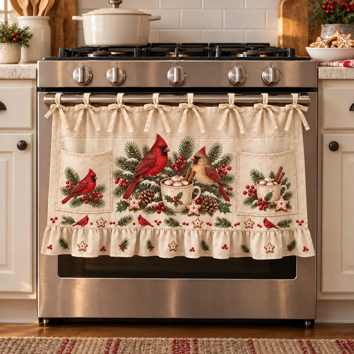 Cardinal Christmas Kitchen tie-on skirt