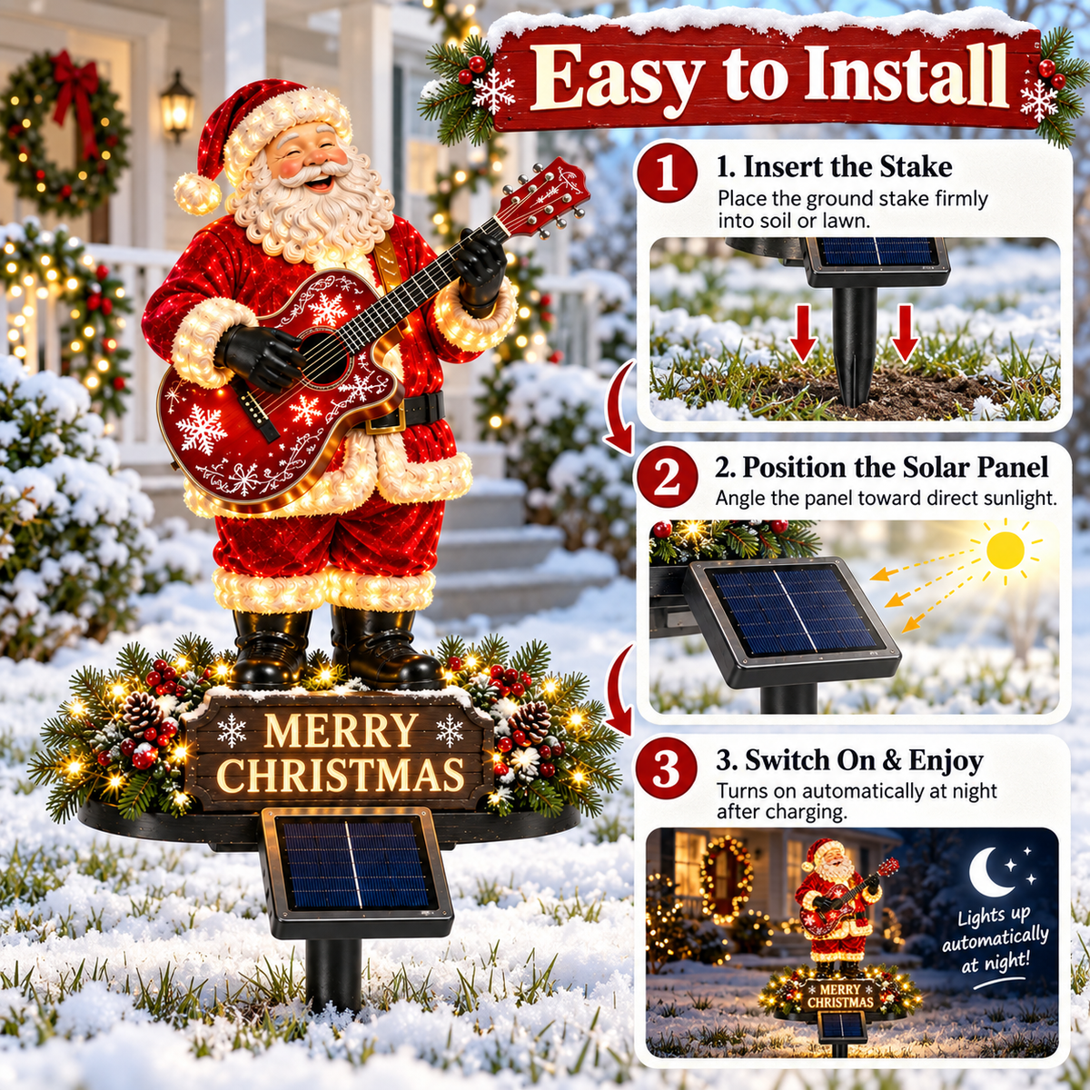 🔥Solar-Powered Light-Up Guitar Santa Christmas Yard Decoration