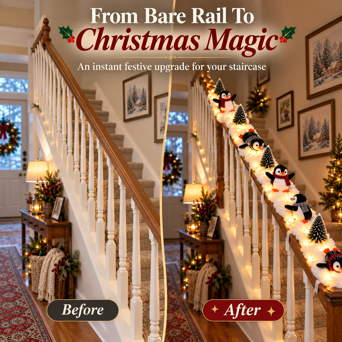 🐧Playful Penguin Snowy Stair Railing Decor