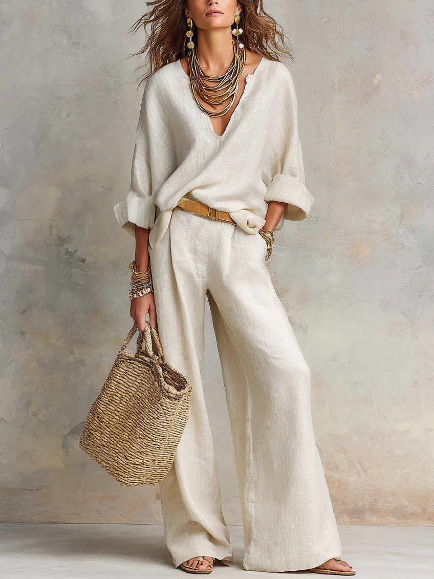 📦📦LAST DAY SAVE 49% ⏰Women's Casual Linen Vacation Set – Three-Quarter Sleeve Top & Full-Length Pants