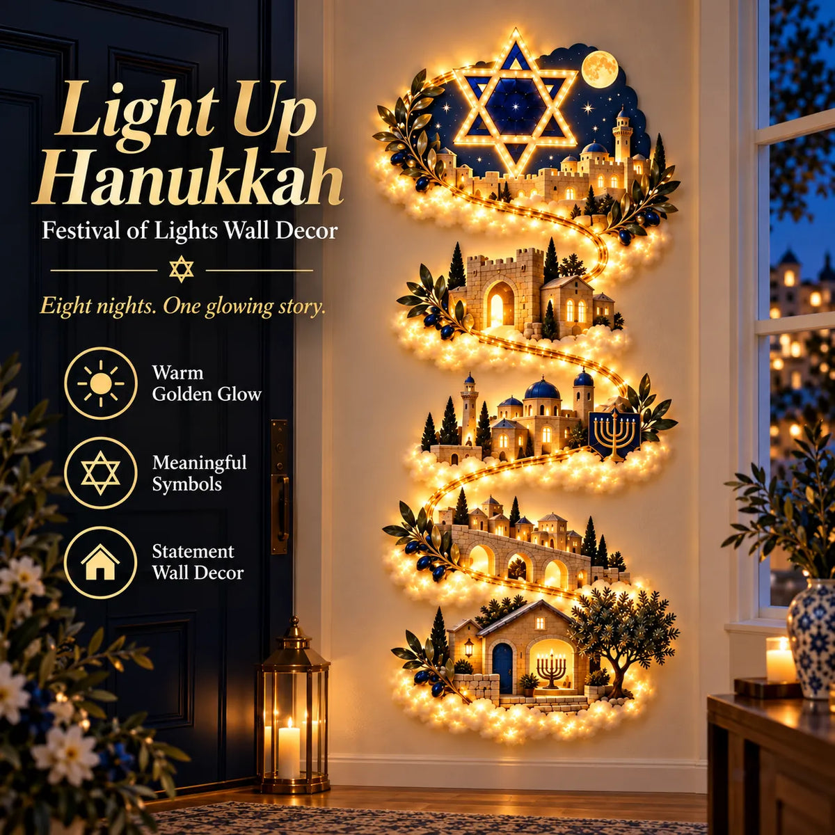 🕎 Hanukkah Festival of Lights Wall Decor Collection – 4 Glowing Designs Celebrating Eight Nights of Light ✨