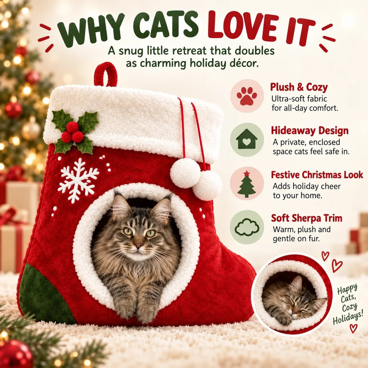 💯🎄 Christmas Stocking Cat Bed – Ultra-Soft Sherpa Cozy Hideaway for Cats 🐱
