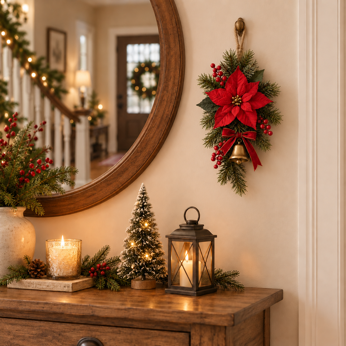 🎄 Classic Red Poinsettia Christmas Door Swag ❤️ – Festive Holiday Floral Wreath Decor for Front Door & Home