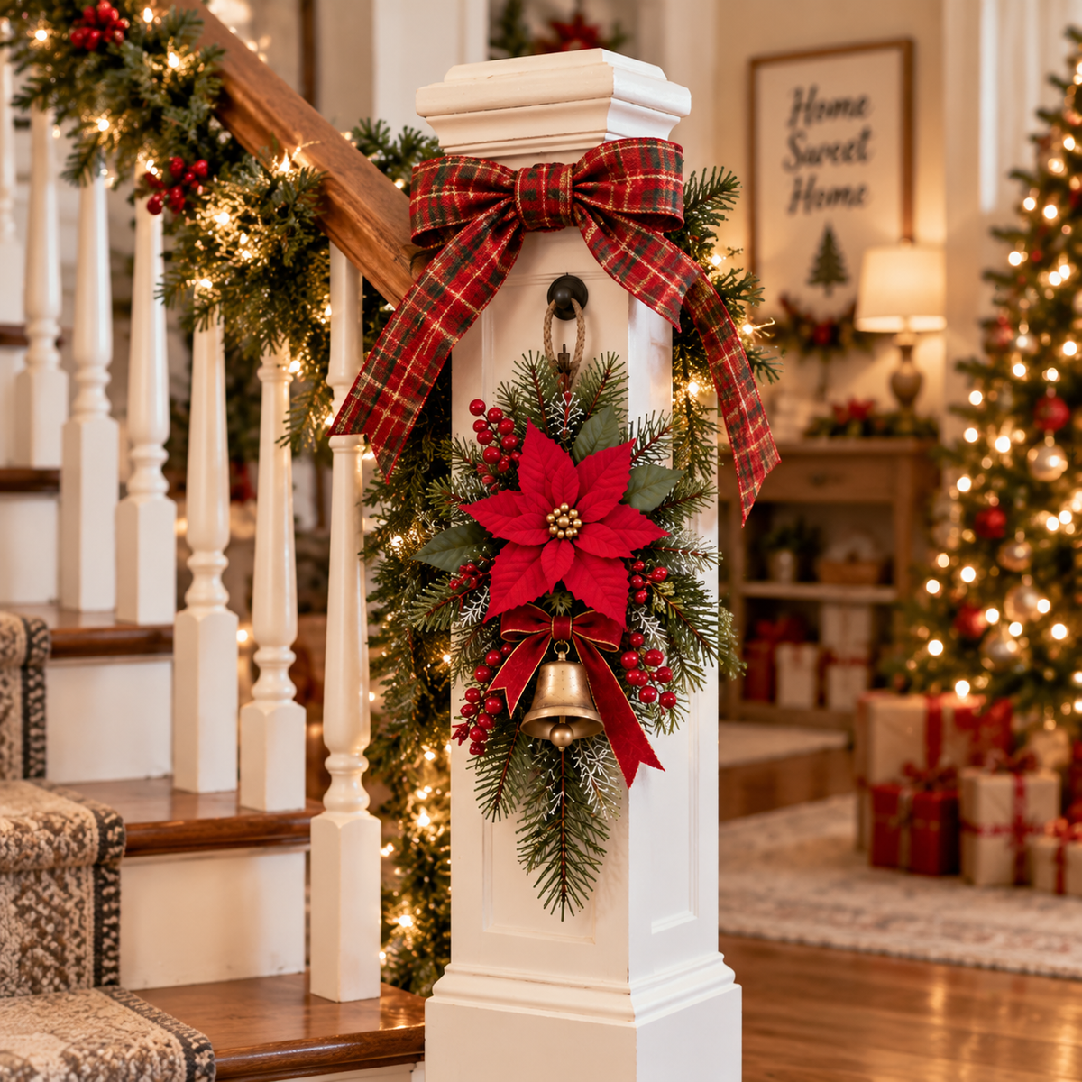 🎄 Classic Red Poinsettia Christmas Door Swag ❤️ – Festive Holiday Floral Wreath Decor for Front Door & Home