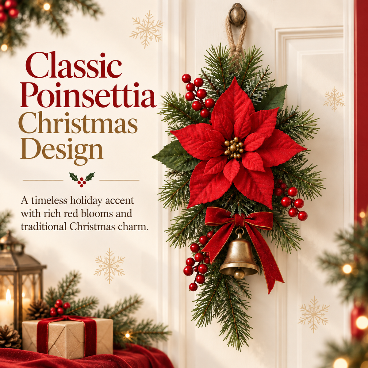 🎄 Classic Red Poinsettia Christmas Door Swag ❤️ – Festive Holiday Floral Wreath Decor for Front Door & Home