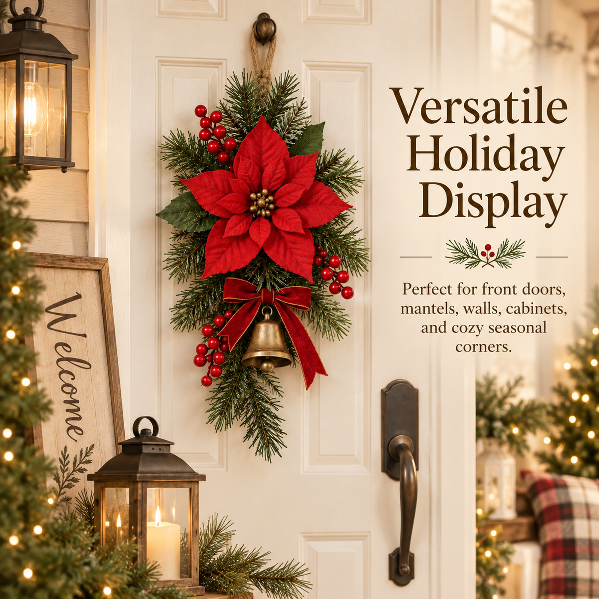 🎄 Classic Red Poinsettia Christmas Door Swag ❤️ – Festive Holiday Floral Wreath Decor for Front Door & Home