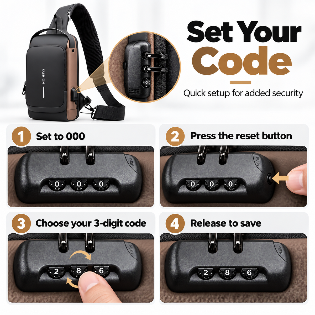 🔒 Anti-Theft Smart Sling Bag with Combination Lock & USB Charging