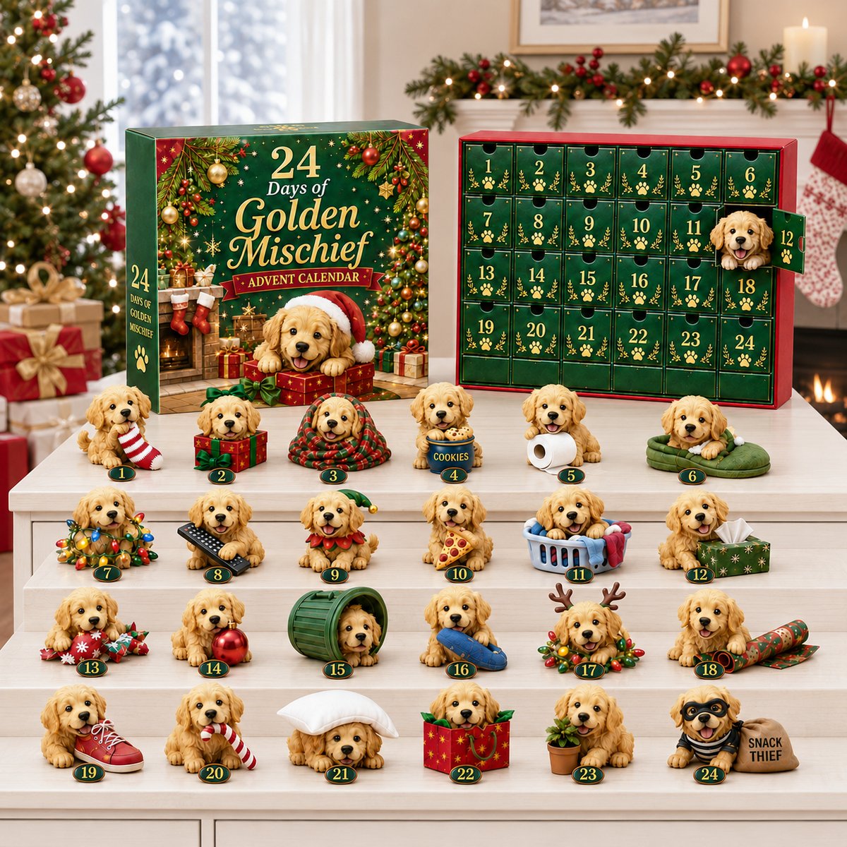 ⏰ 50% Off Sale 🎄 24 Days of Golden Mischief Advent Calendar – 24 Unique Golden Retriever Collectibles