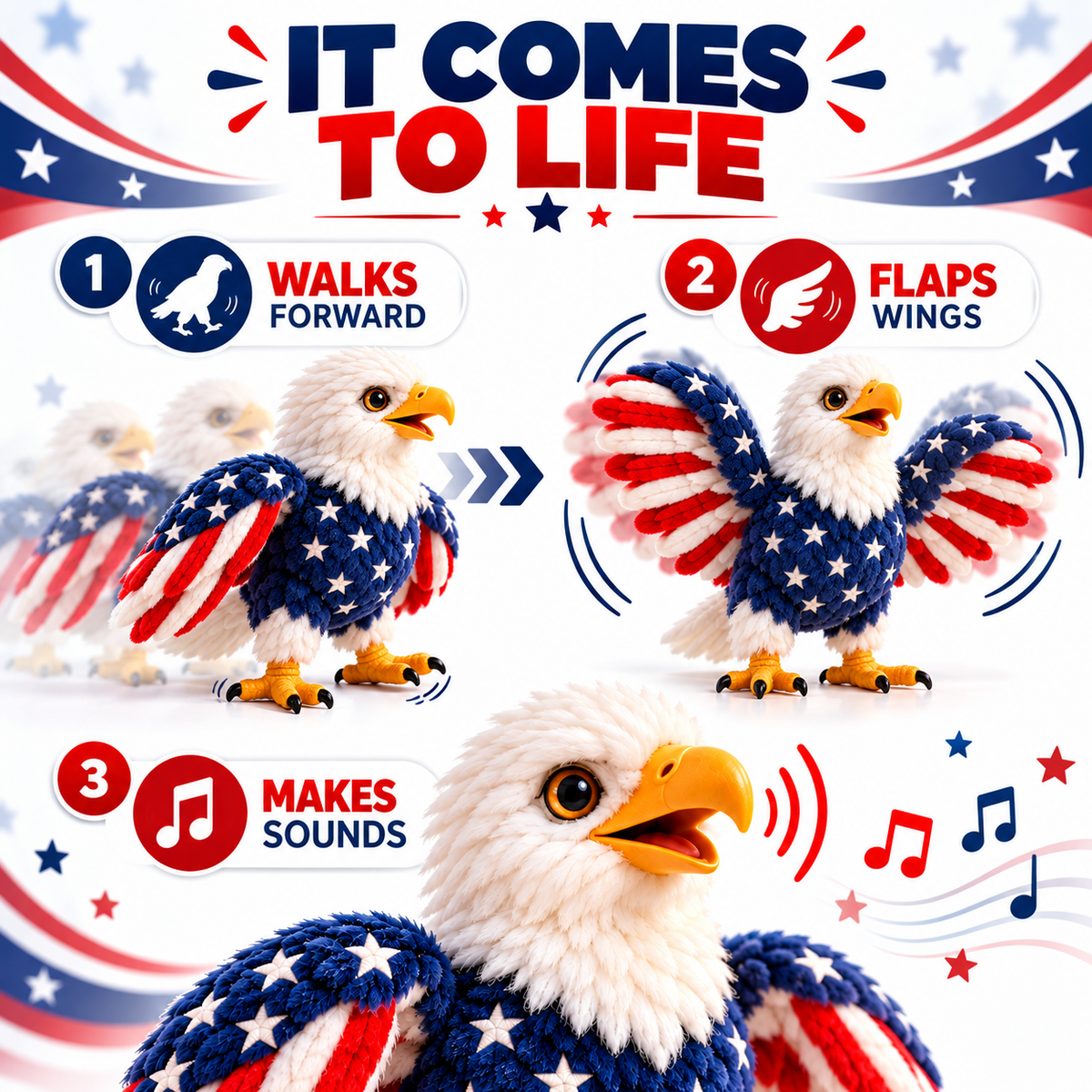 🦅 Interactive Patriotic Eagle – Walking, Flapping & Sound-Activated Plush Companion