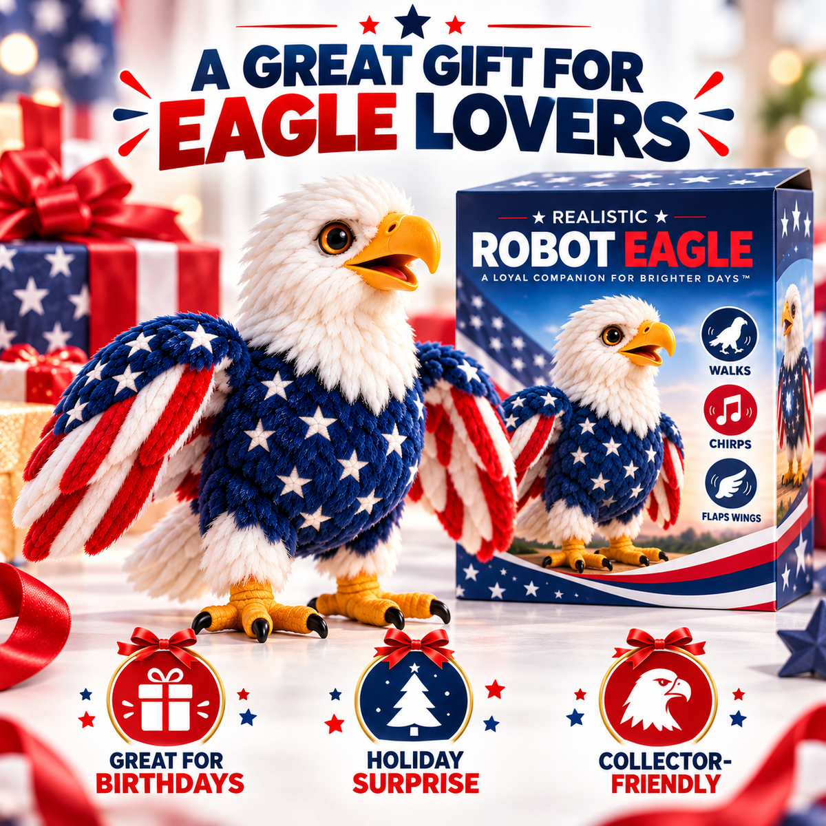 🦅 Interactive Patriotic Eagle – Walking, Flapping & Sound-Activated Plush Companion
