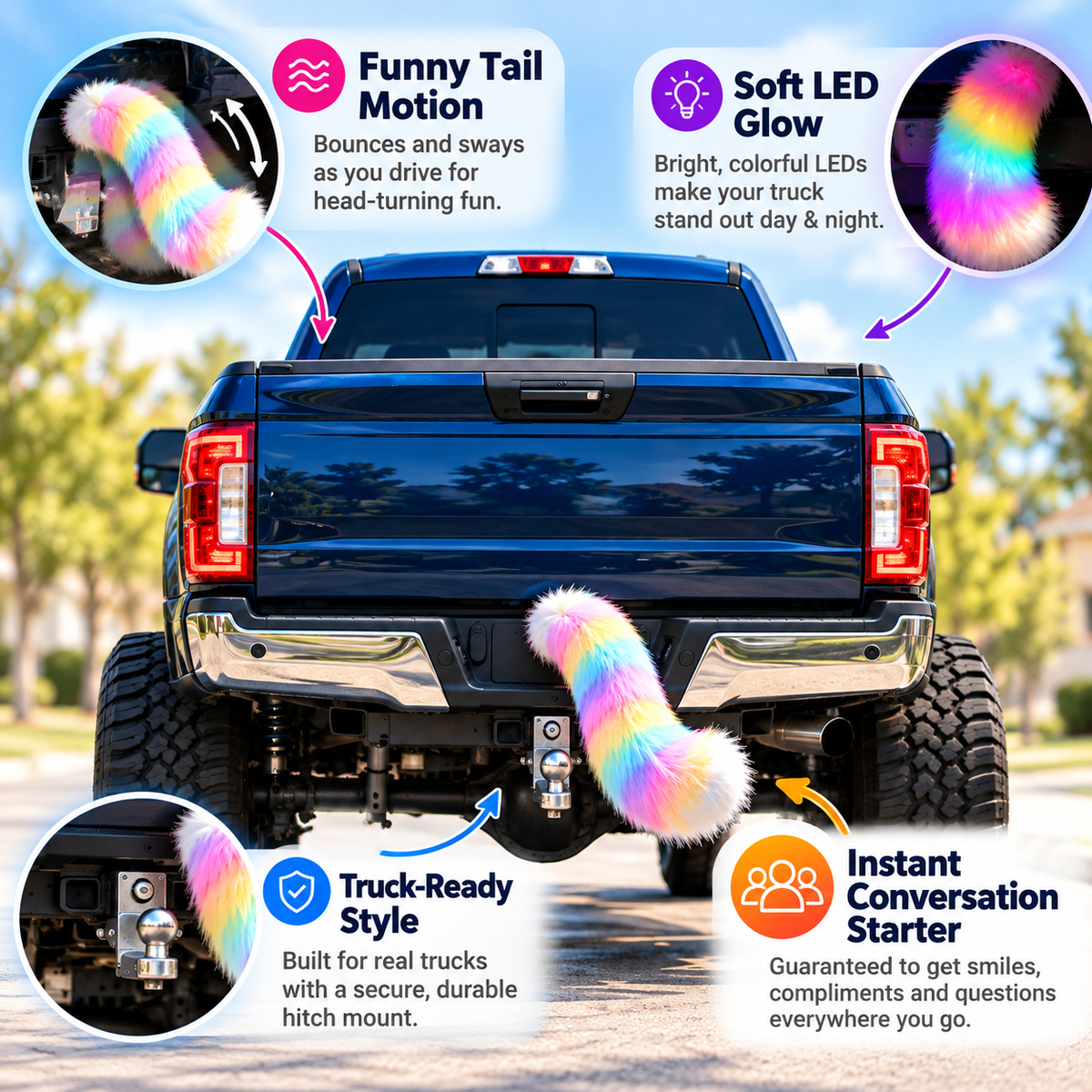 🐾 LED Animal Tail for Trucks – Funny Swaying Hitch Accessory for Pickups & Lifted Trucks
