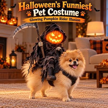 🎃 Grim Reaper Pumpkin Rider Dog Costume with Scythe – Funny 3D Halloween Pet Outfit