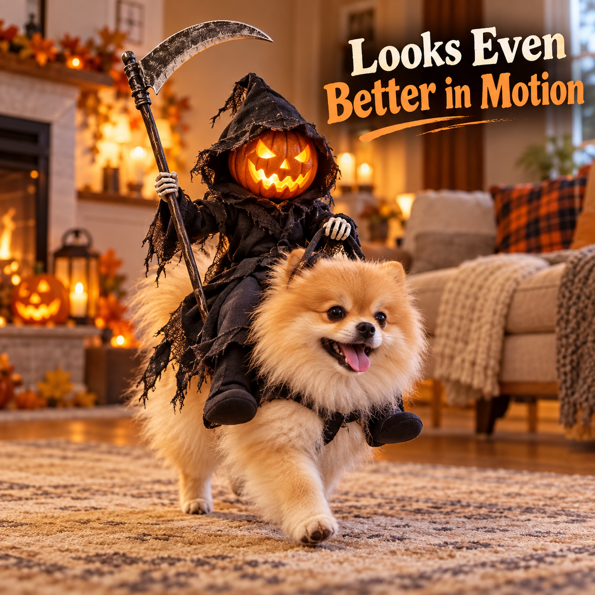 🎃 Grim Reaper Pumpkin Rider Dog Costume with Scythe – Funny 3D Halloween Pet Outfit