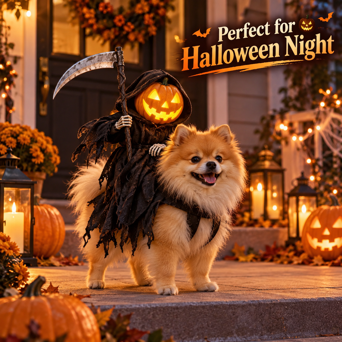 🎃 Grim Reaper Pumpkin Rider Dog Costume with Scythe – Funny 3D Halloween Pet Outfit