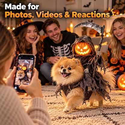 🎃 Grim Reaper Pumpkin Rider Dog Costume with Scythe – Funny 3D Halloween Pet Outfit