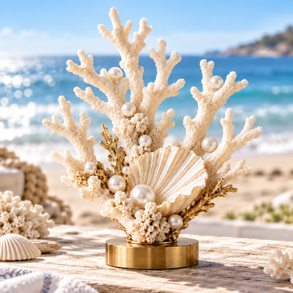 🐚 Pearl Tide Coral™ – Elegant Coastal Coral, Pearl & Shell Table Decor