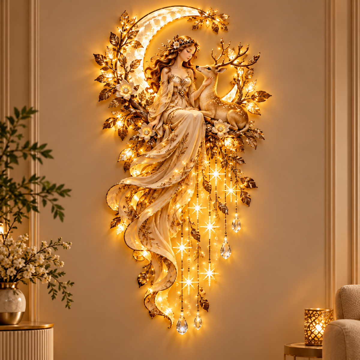 🌙 Moonlit Goddess & Deer Glow™ – Magical Lighted Wall Art