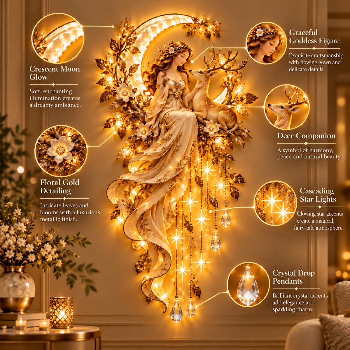 🌙 Moonlit Goddess & Deer Glow™ – Magical Lighted Wall Art