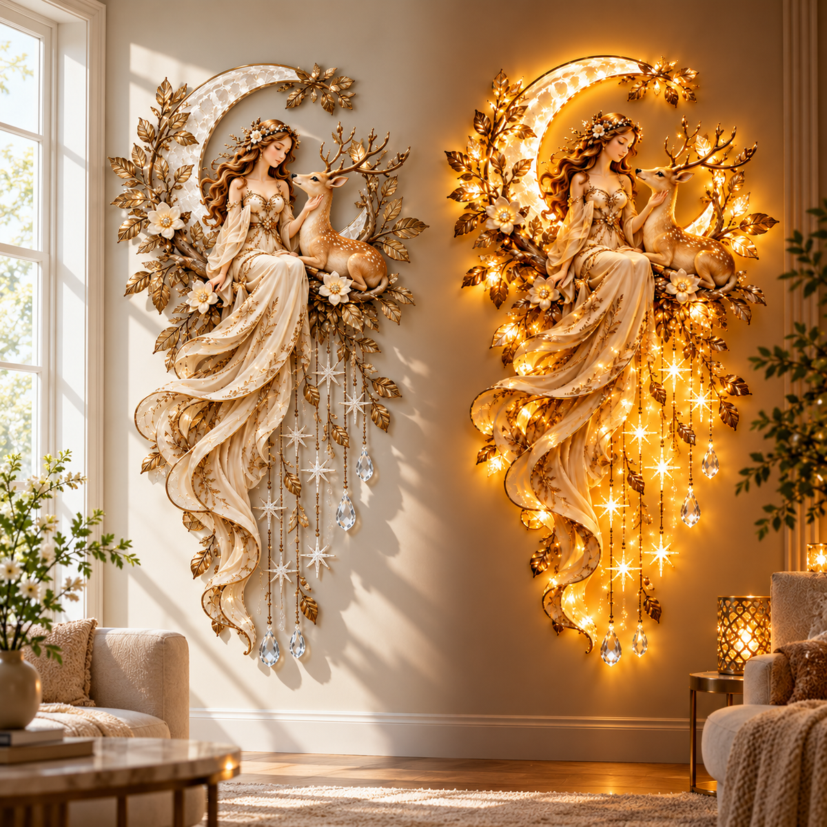 🌙 Moonlit Goddess & Deer Glow™ – Magical Lighted Wall Art