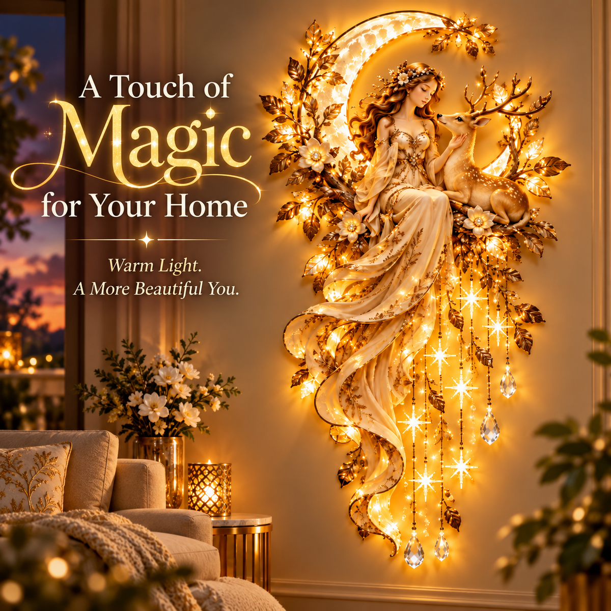 🌙 Moonlit Goddess & Deer Glow™ – Magical Lighted Wall Art