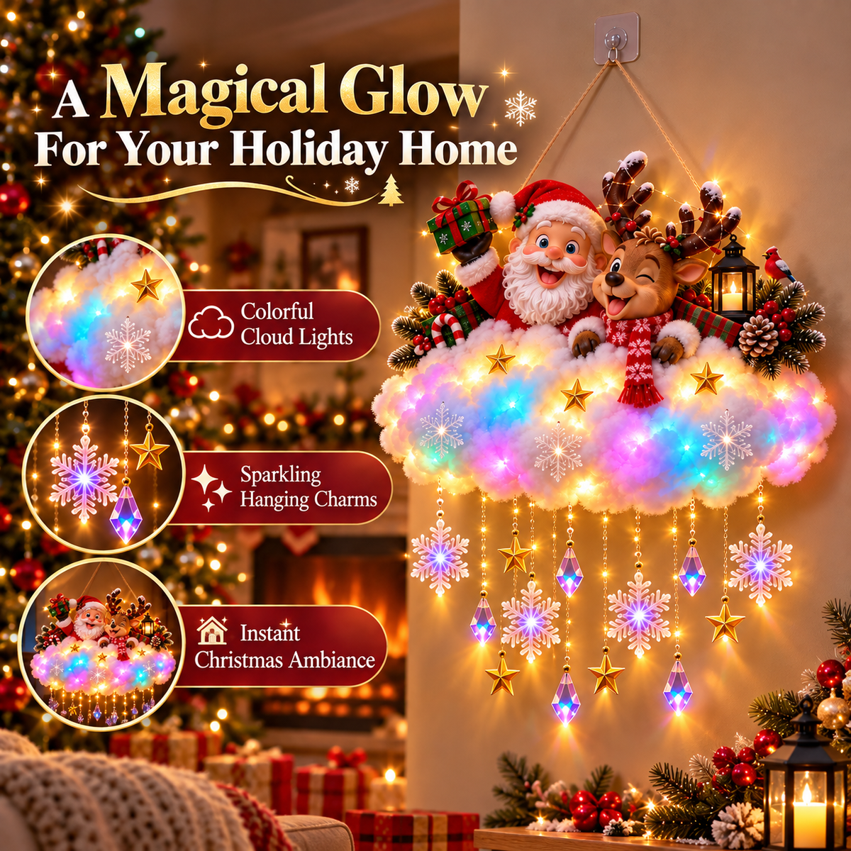 🎄 Light-Up Christmas Cloud Hanging Decor – Santa & Winter Village Holiday Display