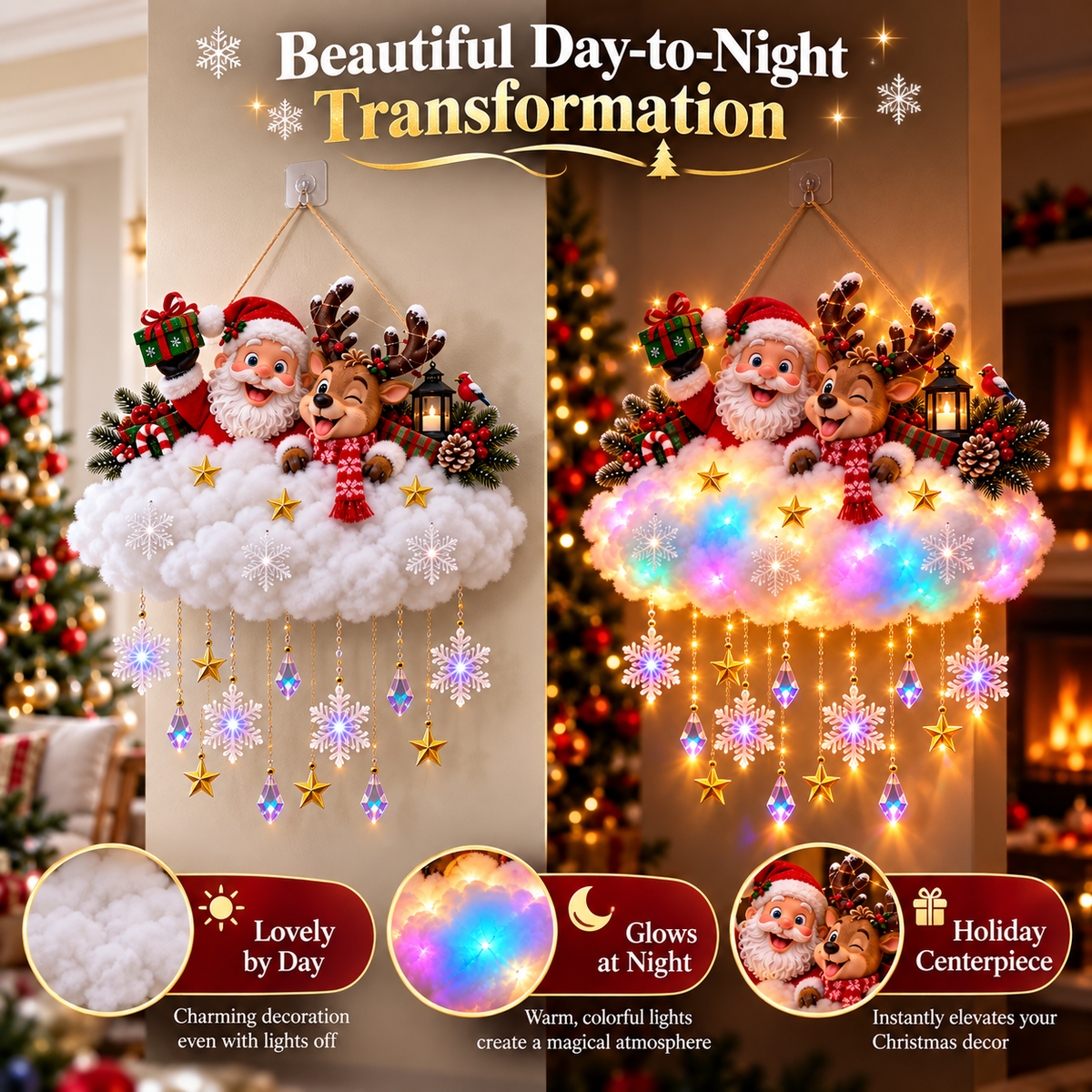 🎄 Light-Up Christmas Cloud Hanging Decor – Santa & Winter Village Holiday Display