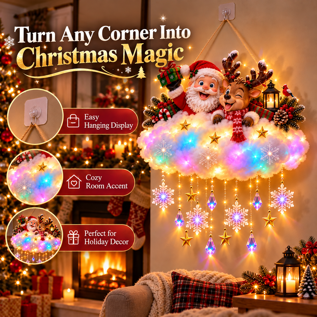 🎄 Light-Up Christmas Cloud Hanging Decor – Santa & Winter Village Holiday Display