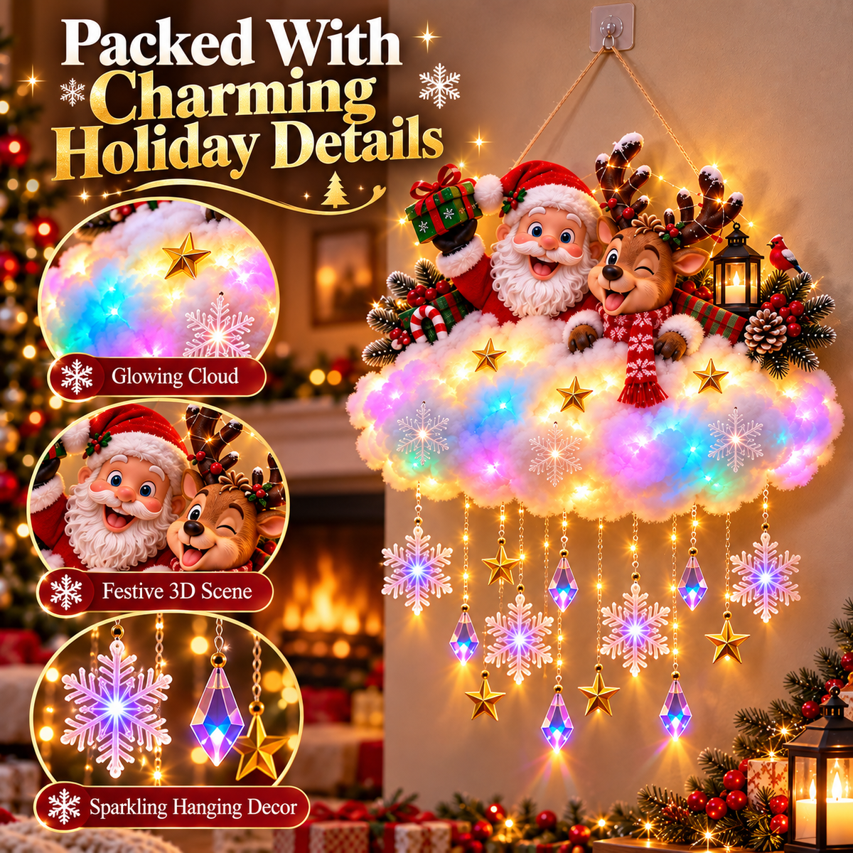 🎄 Light-Up Christmas Cloud Hanging Decor – Santa & Winter Village Holiday Display
