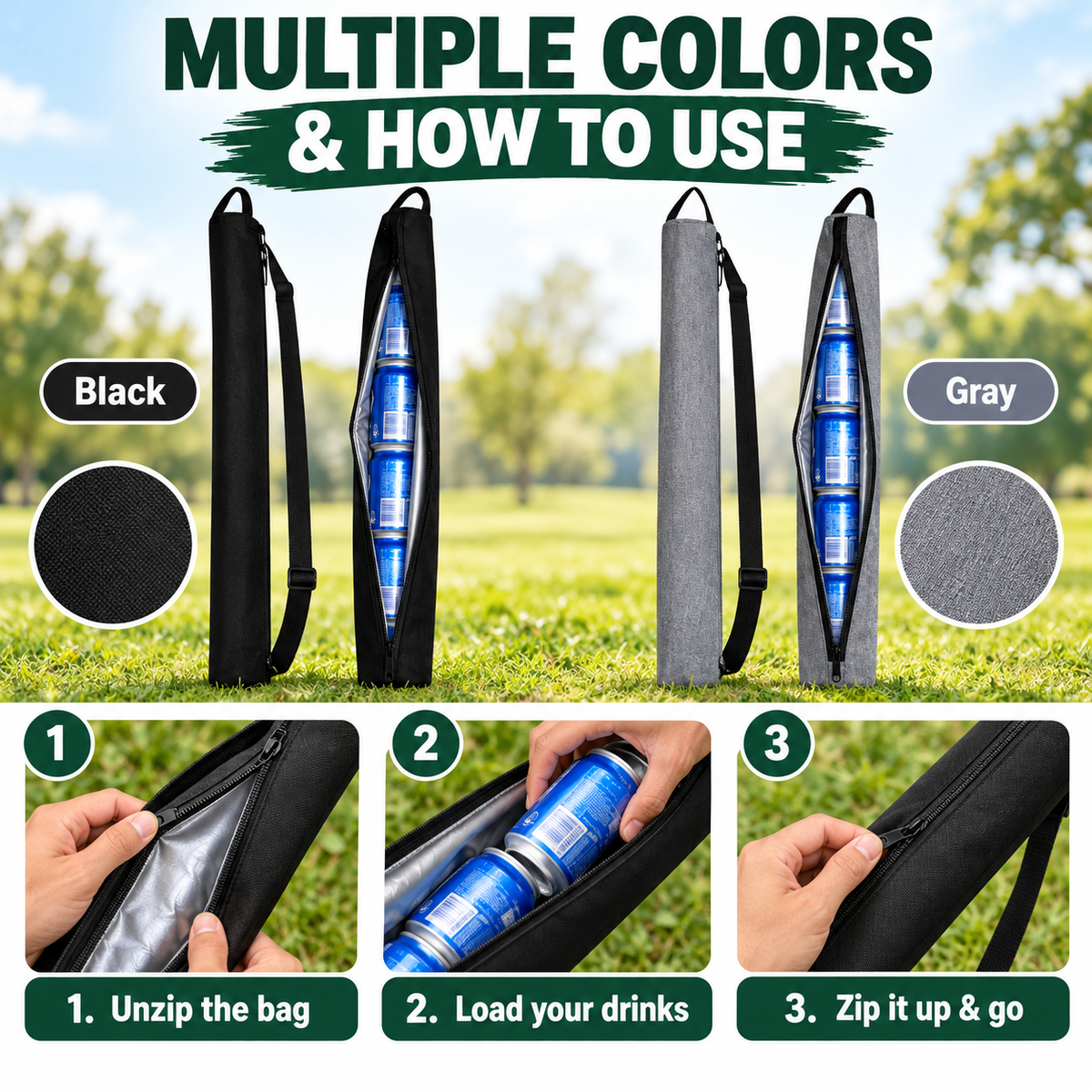 🍺 Slim Drink Cooler Sleeve – Long Portable Beverage Carrier for Golf, Camping & Outdoor Days